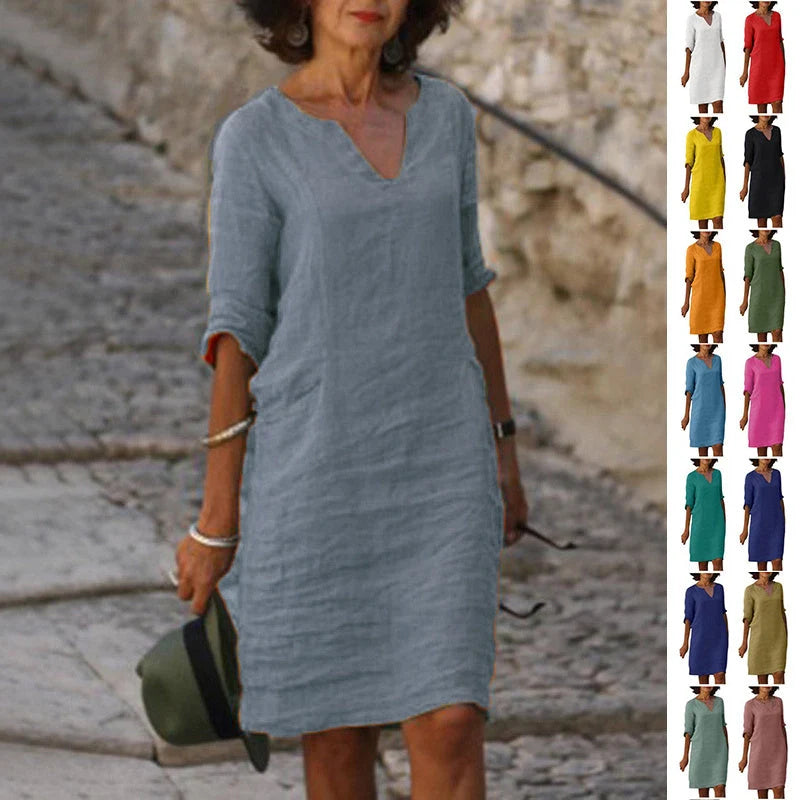 Cotton and linen V-neck dress with retro high waist design in various colours