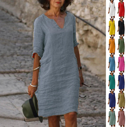Cotton and linen V-neck dress with retro high waist design in various colours