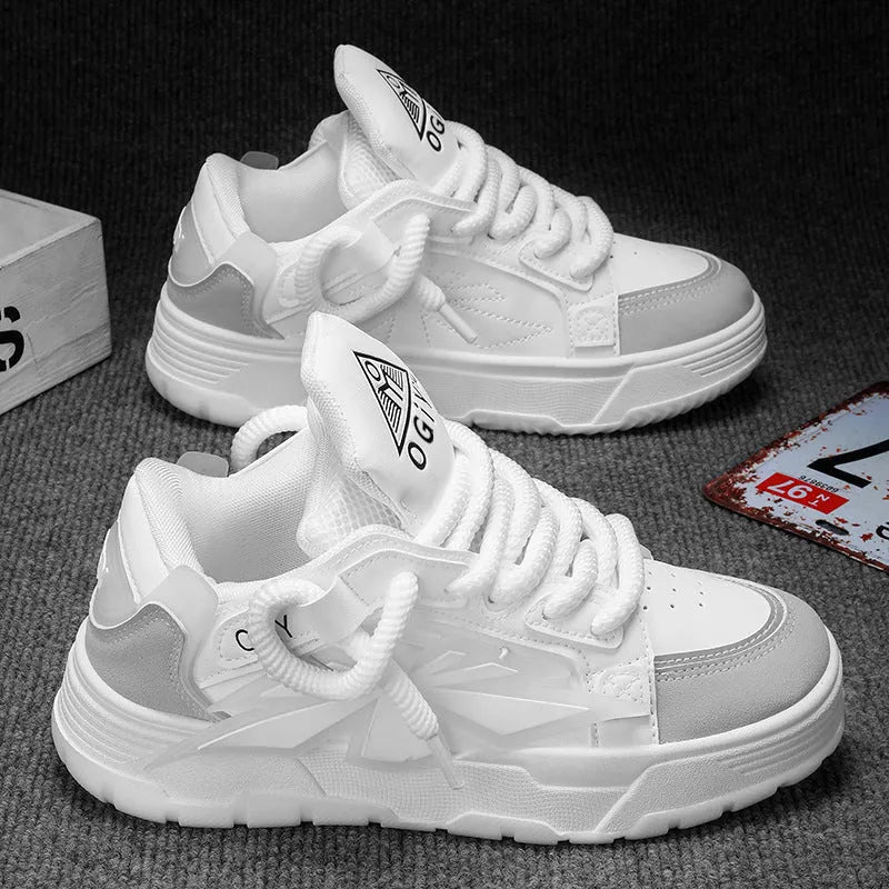 Men's white chunky sneakers with a cartoon totem pattern, thick rubber sole, and lace-up closure.