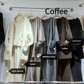 Women's light brown knitted cardigan, vest, and loose pants three-piece casual outfit set.