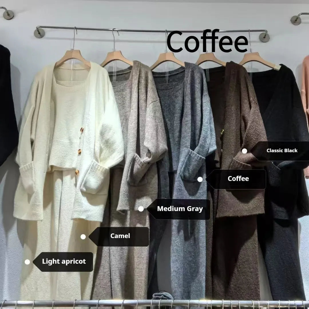 Women's light brown knitted cardigan, vest, and loose pants three-piece casual outfit set.