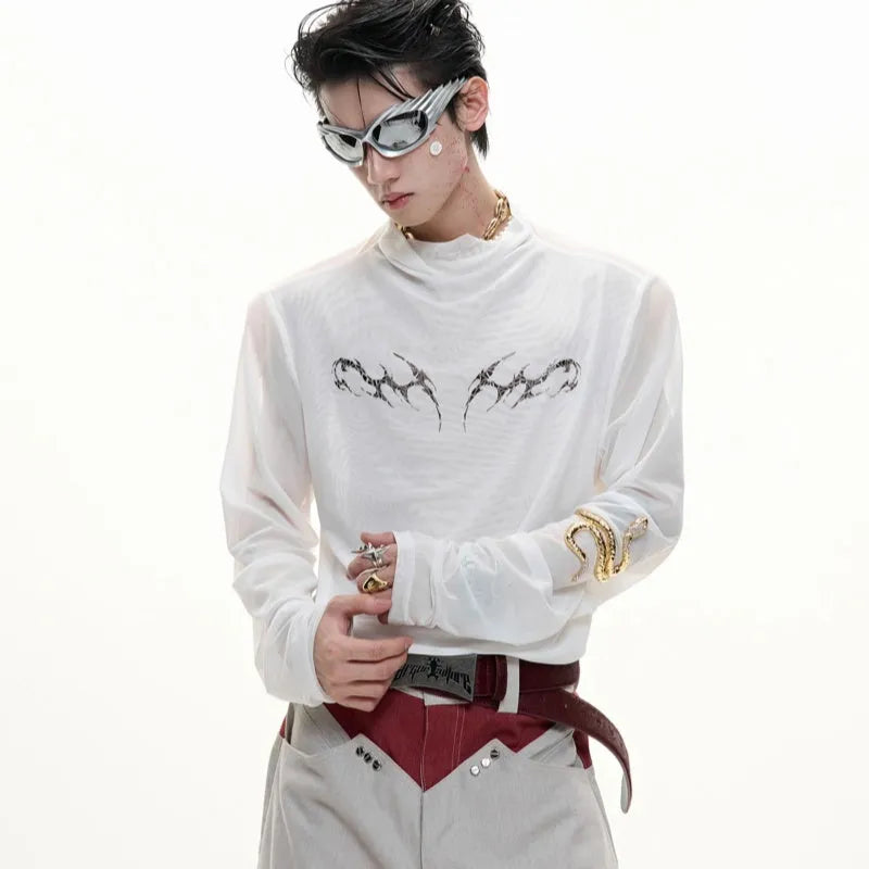 Men's black mesh bottoming shirt with long sleeves and slim fit design