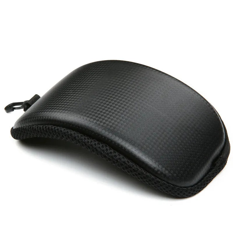 Rainwater proof cycling goggles in black with mirrored lens stored in leather zipper bag