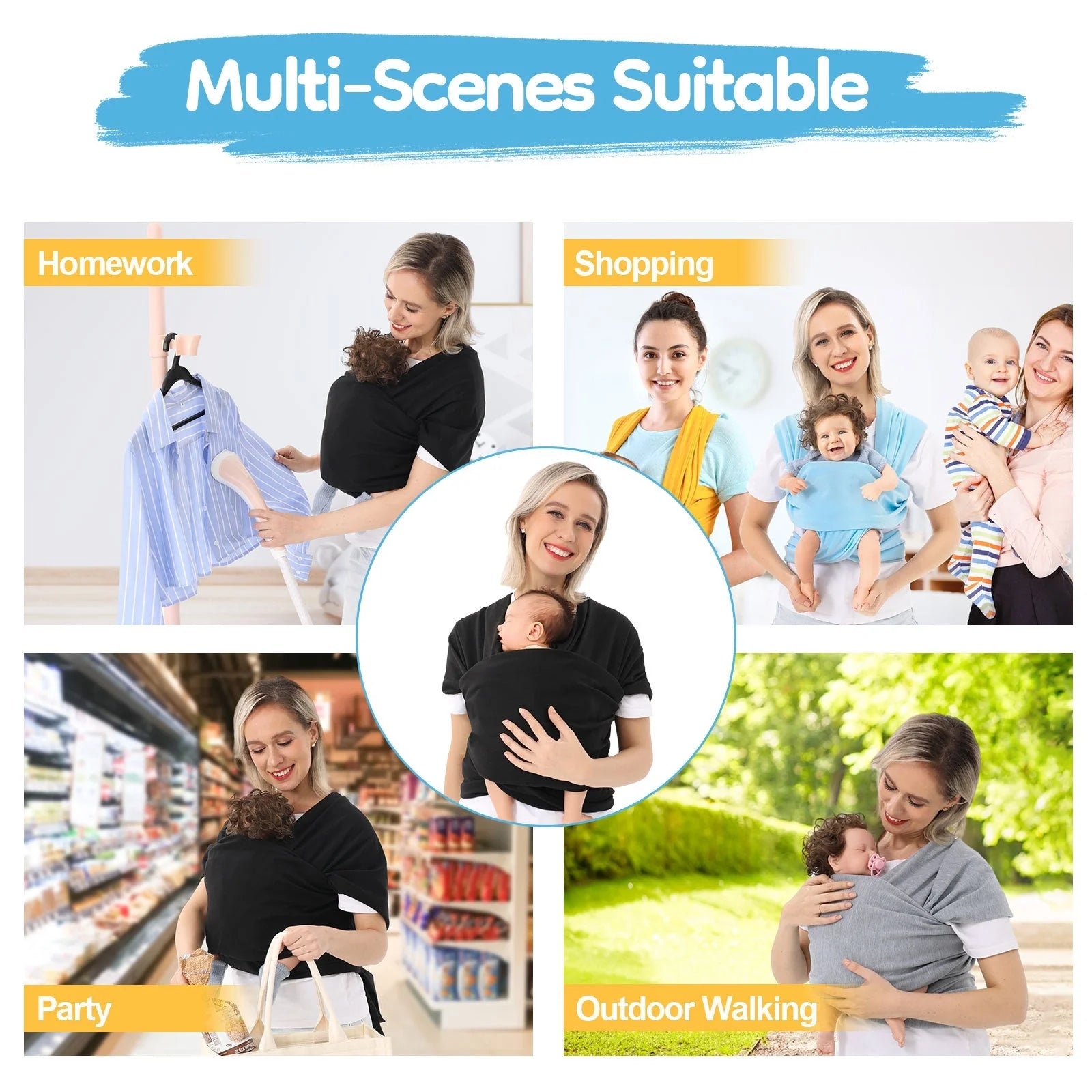 Multi-functional baby carrier wrap scarf in various colors for secure and comfortable baby carrying