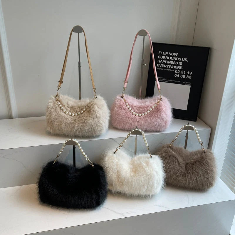 Autumn and winter pearl chain crossbody bag in plush material, available in multiple colours