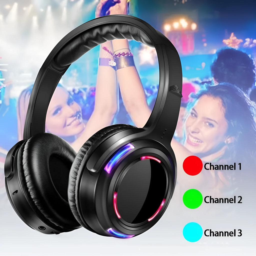 Black wireless silent disco headphones with head-mounted design and a 3.5mm plug