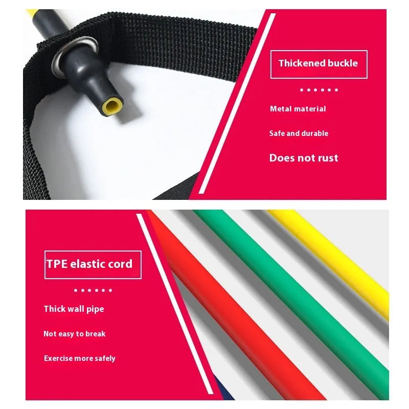 TPE tension rope chest expander showing five colour options: yellow, green, red, blue, and black representing different resistance levels