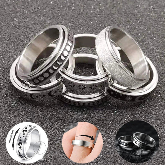 Stainless steel rotatable spinner ring with moon and stars design for stress relief