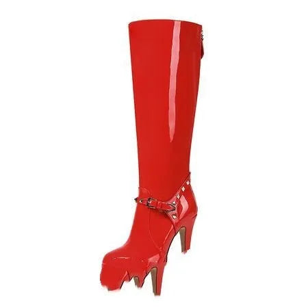 Red chunky heel high leg boots for women with back zipper and round toe