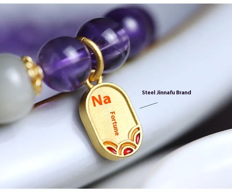 Women's amethyst crystal bracelet with 8mm geometric beads and national style design elements