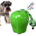 Green apple-shaped plastic dog toy with textured surface and hollow treat-dispensing centre