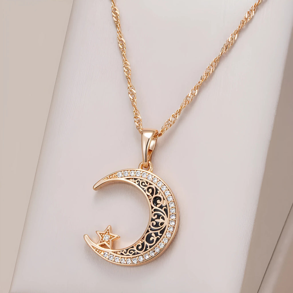 Rose gold star moon pendant necklace with enamel and zircon on adjustable water wave chain