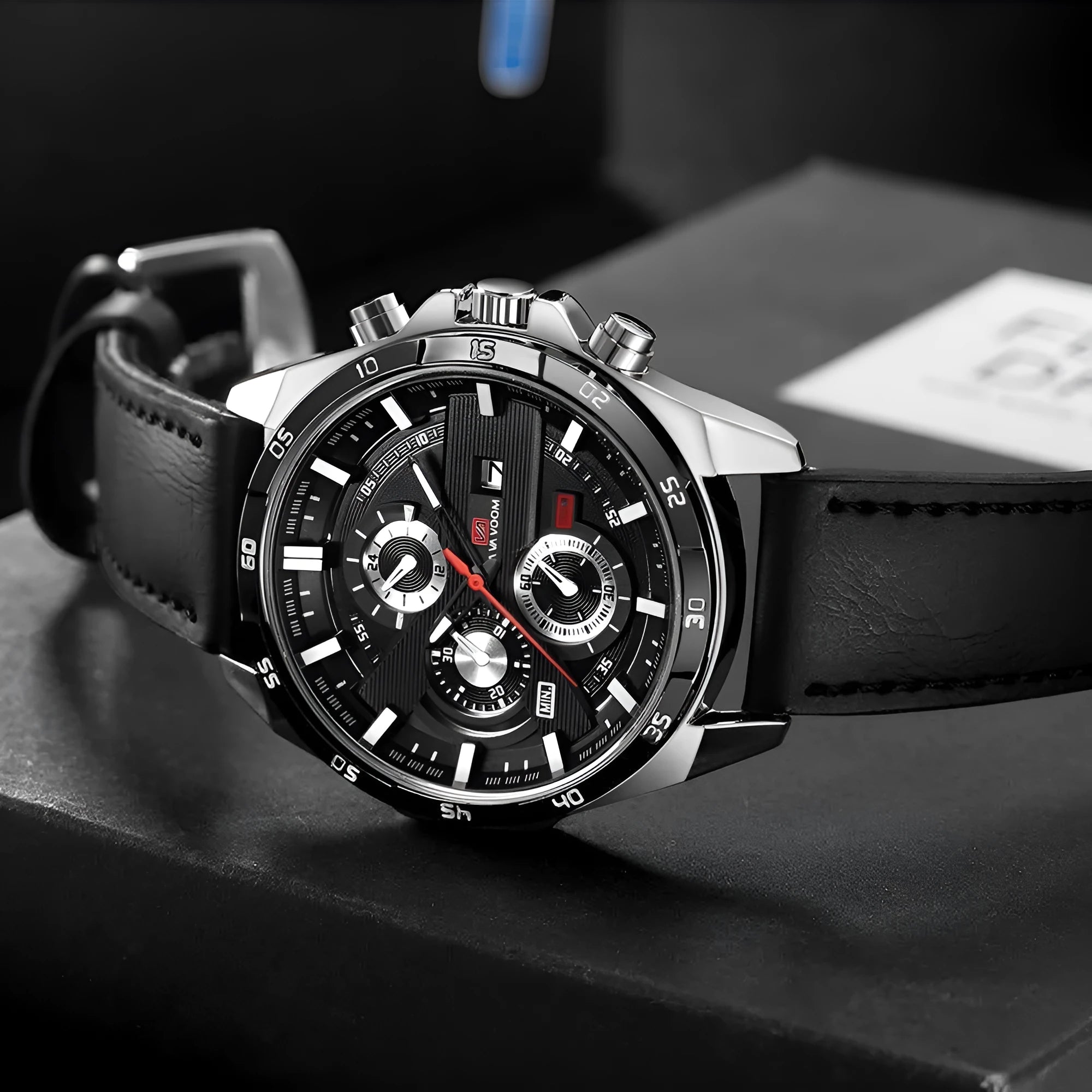 Men's business calendar waterproof quartz watch in rose gold and black on a 10mm thick case.