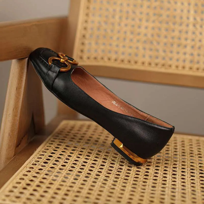 Women's Mary Jane style low heel pumps with shallow mouth opening and metal detailing in various colour options
