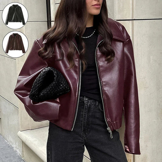 Stylish women's leather jacket with zipper detail in burgundy and black