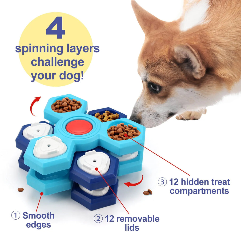 Blue plastic 4-layer slow feeder puzzle dog bowl with non-slip base assembled on a flat surface