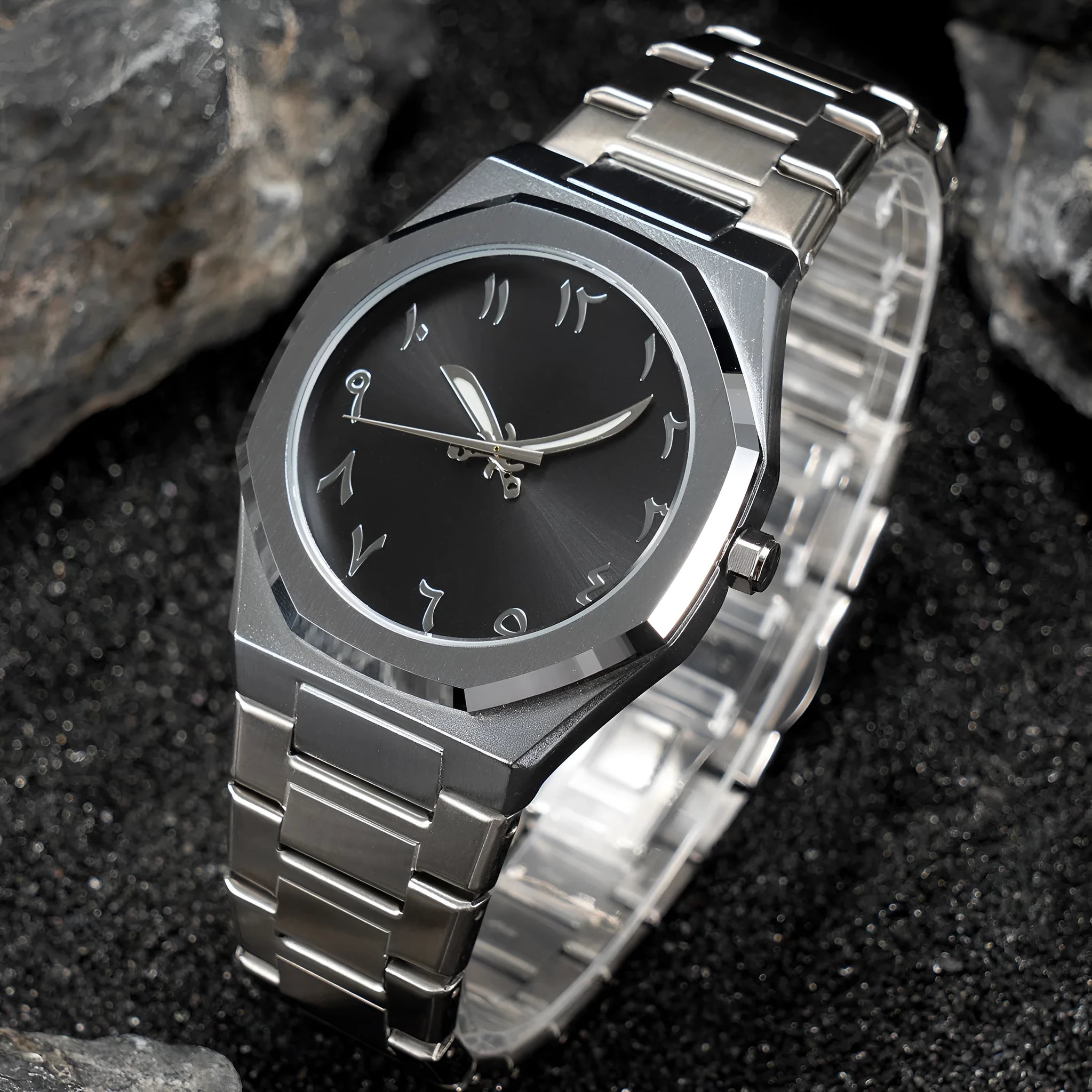 Men's business quartz watch with steel bracelet in black and silver colour options