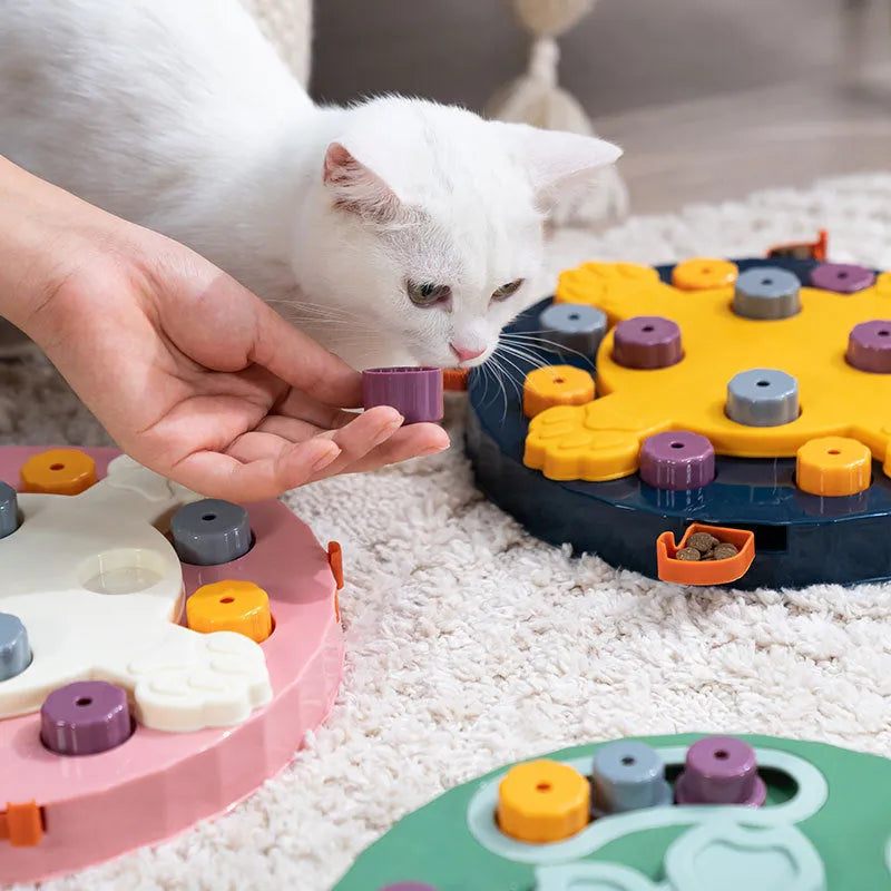 Blue interactive dog slow feeder puzzle toy with compartmentalised design for educational feeding