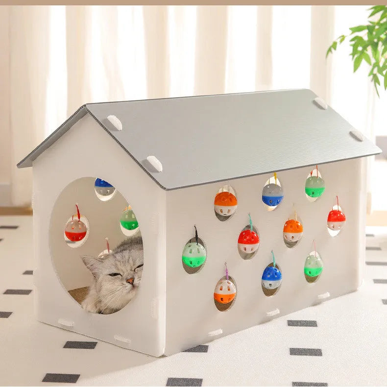 Plastic cat scratch board integrated with a nest, a bell ball, and a tunnel for pet play and rest.