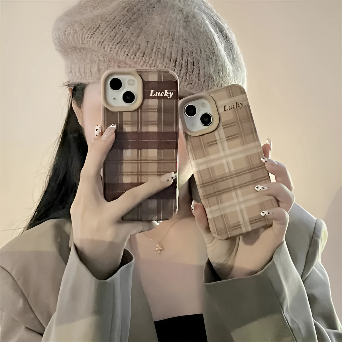 Lambskin plaid letters luck anti-fall silicone phone case for iPhone 13 Pro, light coffee colour, all-inclusive embossed design