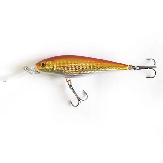 Bionic fishing lure showing 11cm length with detailed colour pattern on ABS plastic body