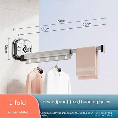 Aluminum retractable clothes drying rack mounted on wall with suction cups