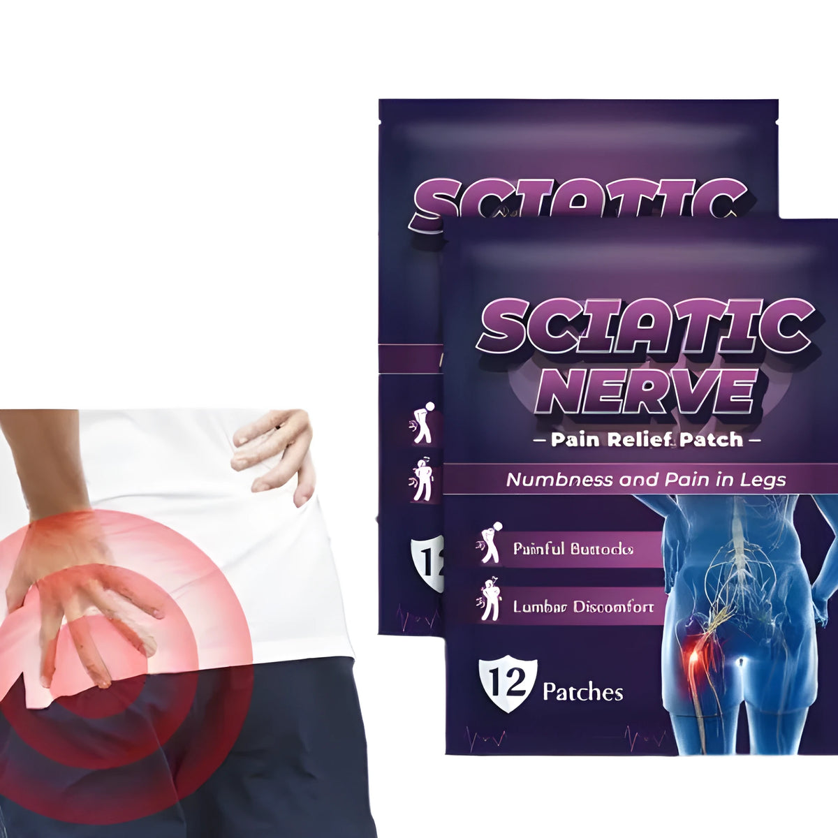 Bag of 12 sciatic nerve acupoint plaster patches for back, hip, and leg nerve support