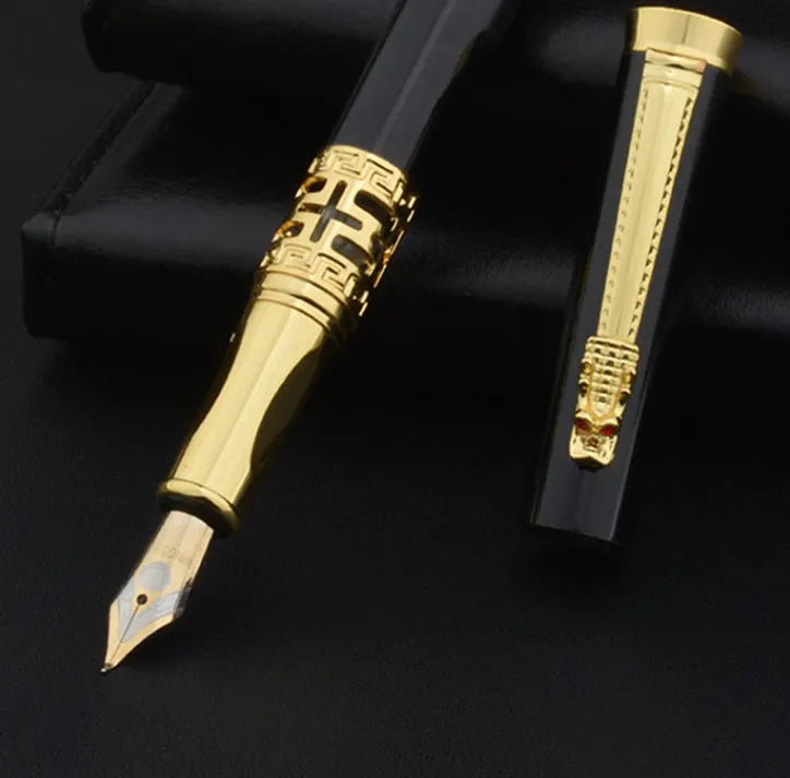 Student calligraphy pen set with iridium nib and non-carbon ink in gift box, black blue gold colours, metal holder