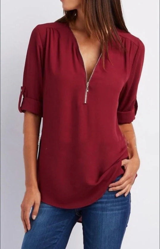 Women's ruched half zip casual blouse with rollable sleeves in various colours