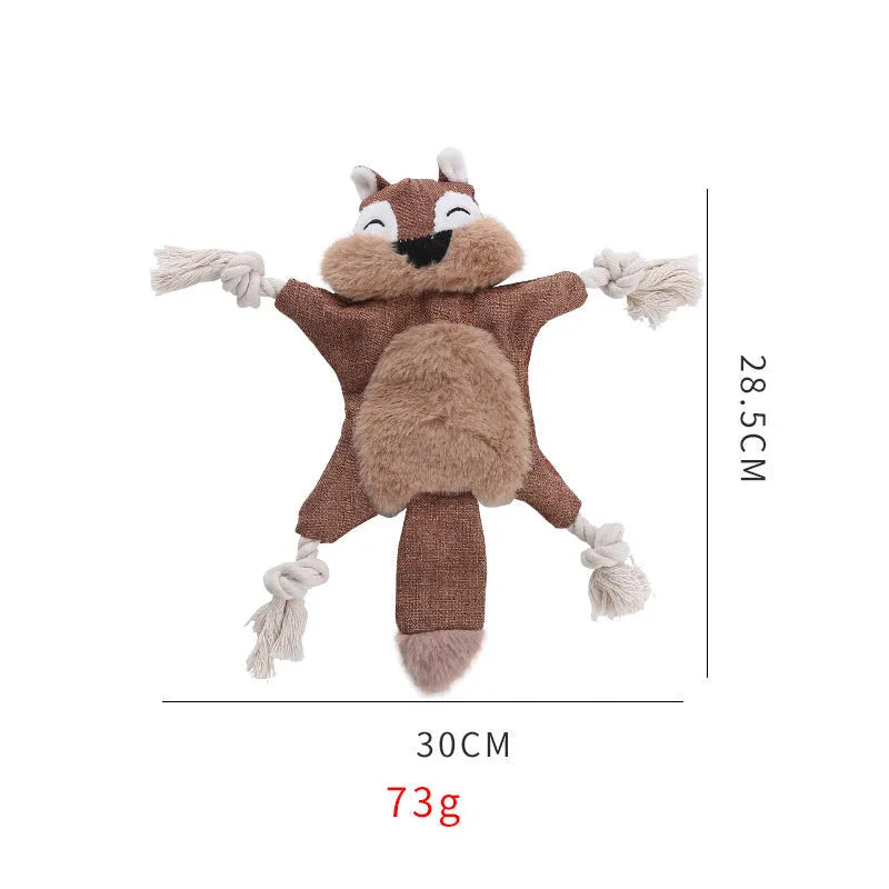 Fox-shaped plush dog toy with rope arms and legs in brown colour