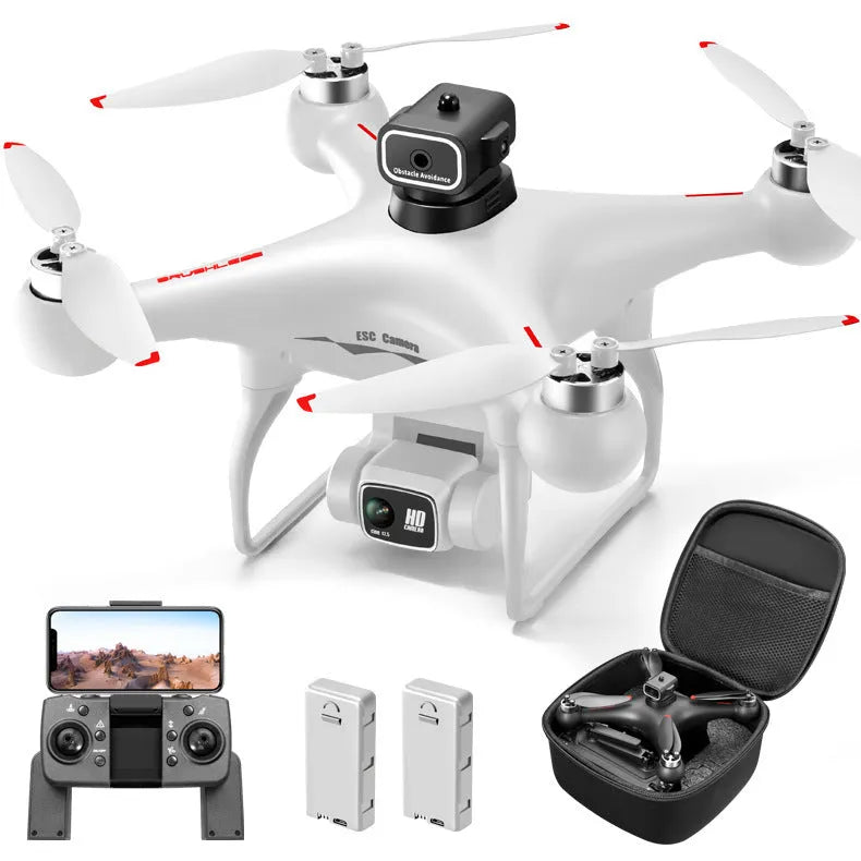Black HD brushless motor UAV quadcopter with four-side obstacle avoidance sensors and mounted HD camera.