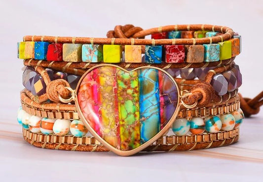 Hand-woven agate bracelet with heart-shaped imperial stone, unique unisex jewelry