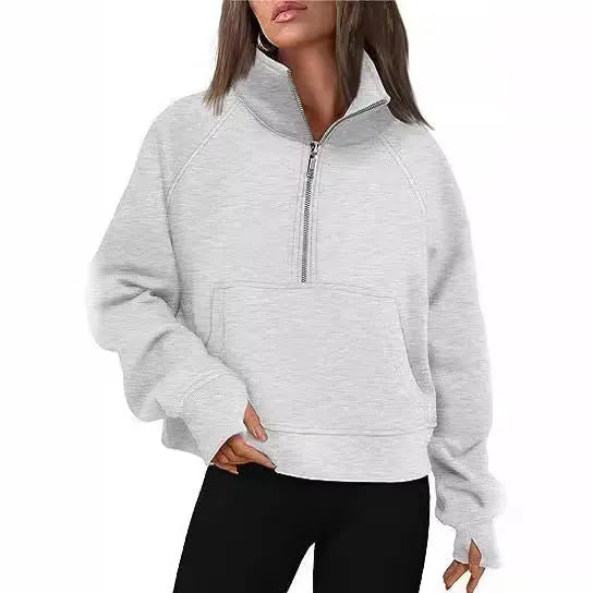 Women's loose lapel fleece-lined sweater in a solid colour with long raglan sleeves.