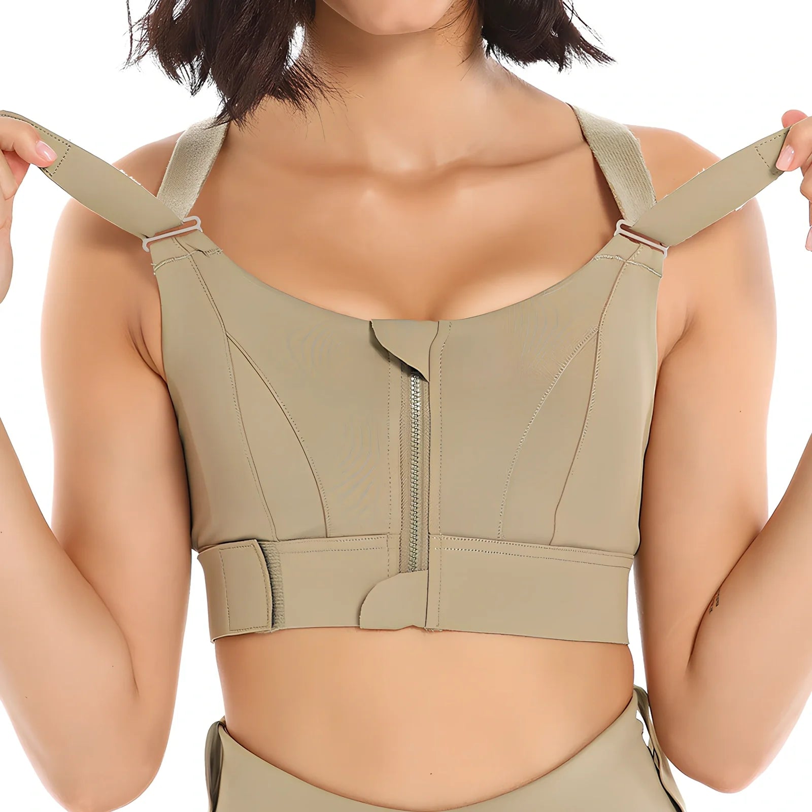 Women's black seamless sports bra with front zipper closure for high-impact workouts