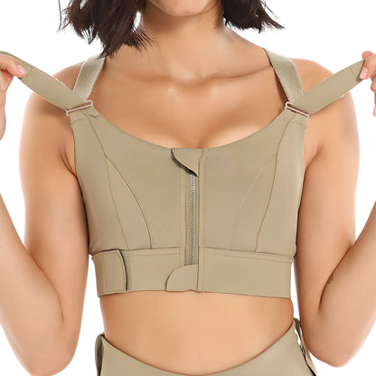 Women's black seamless sports bra with front zipper closure for high-impact workouts