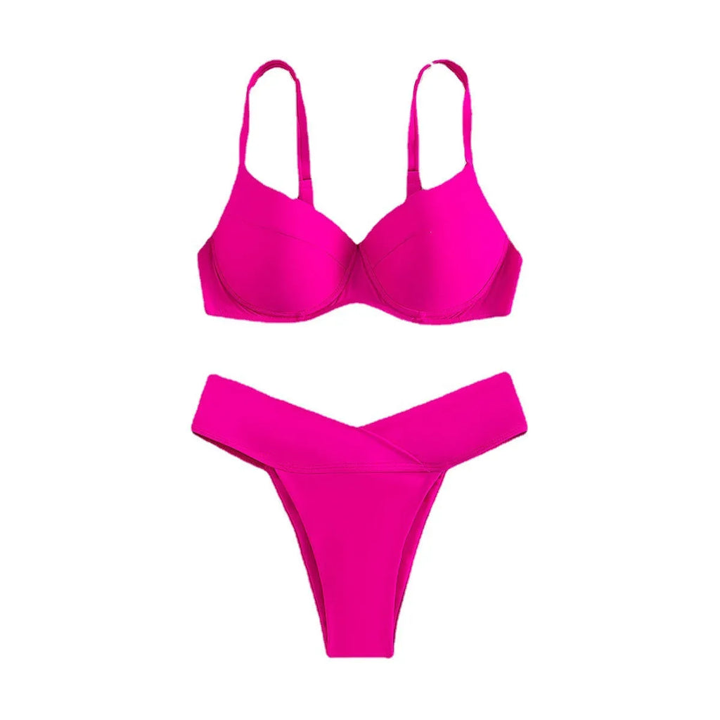 Solid colour bikini swimsuit in briefs style on a mannequin, showing the sleeveless bra and panty.