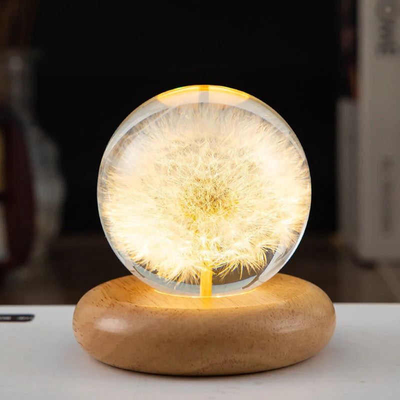 LED Night Light Flower Crystal Ball with wooden base, perfect for children's bedrooms