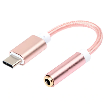 Black woven Type-C to 3.5mm audio adapter cable, 12cm length, 5g weight for mobile headphone connection