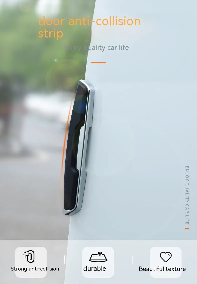 Black plastic silicone car door bumper protection strips, four-piece set showing dimensions.