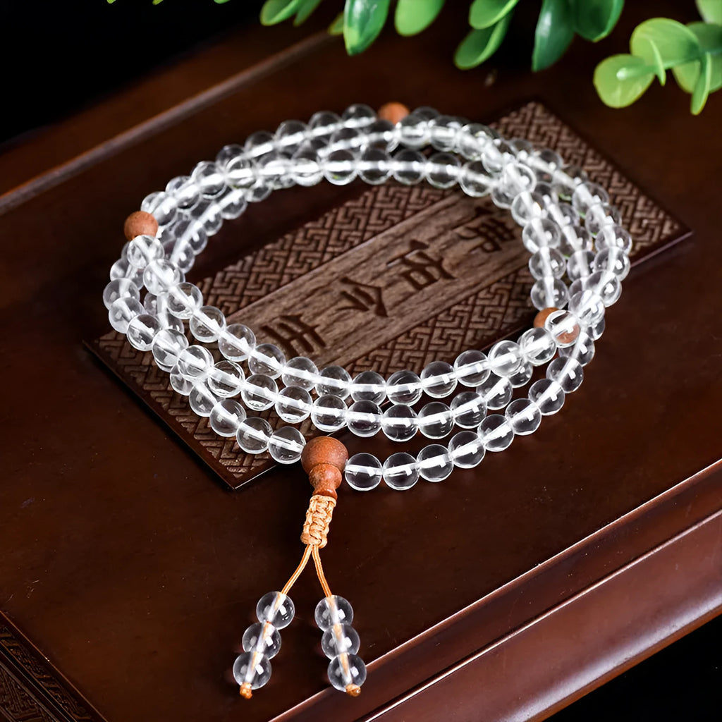 Natural white crystal 108 beads bracelet polished unisex retro geometric shape on display