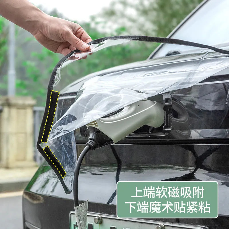 Black PVC electric vehicle charging gun rain cover with magnetic strips.