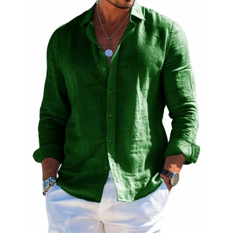 Men's long sleeve shirt casual loose lapel button top solid colour polyester plus size blouse clothing