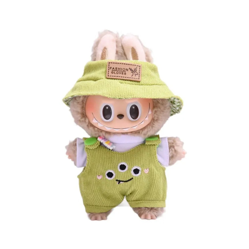 Three-piece doll clothes set with cartoon suspender pants and hat for pendant dolls in matcha colour, cloth material