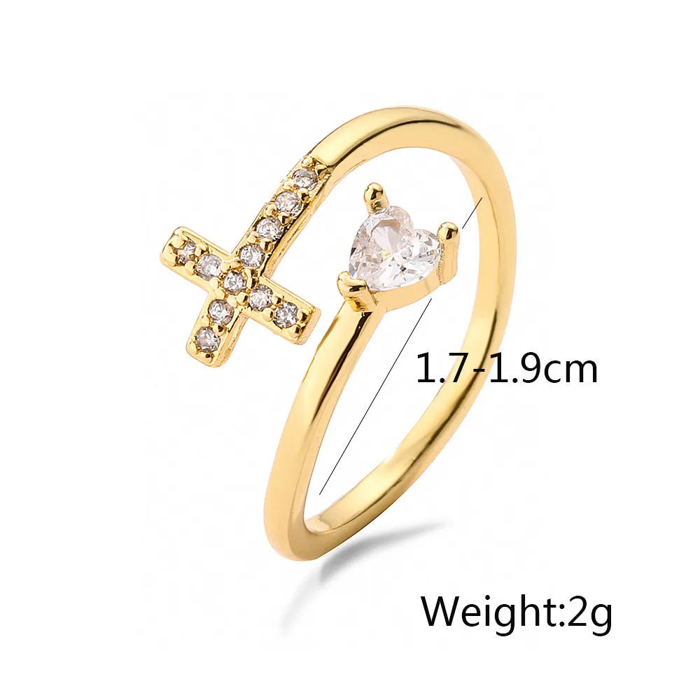Clear CZ zircon cross evil eye ring with adjustable opening on copper band geometric shape