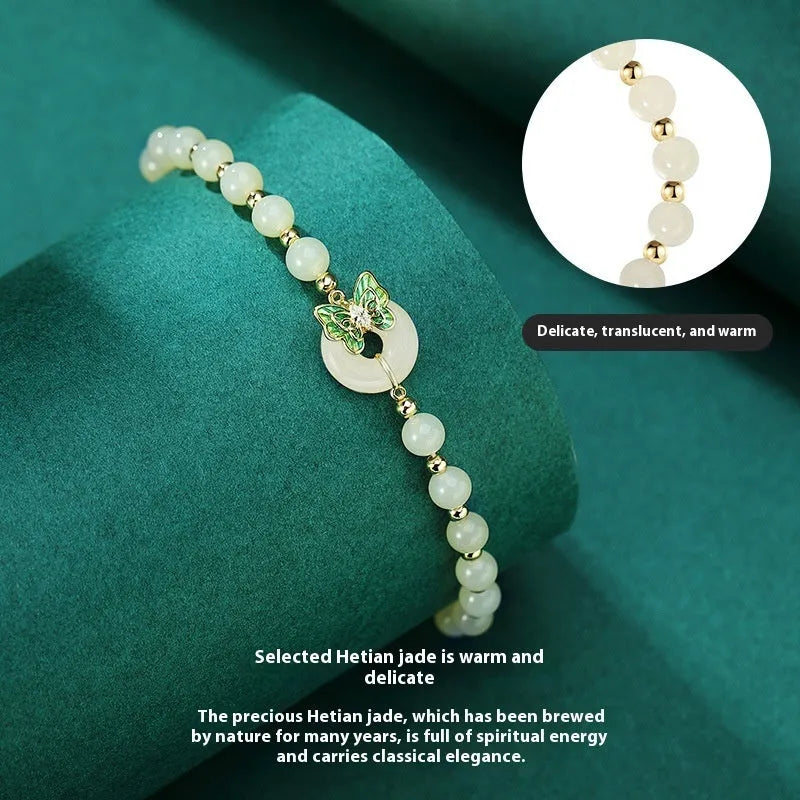 Cyan Hetian jade bracelet with sterling silver butterfly inlay and 6mm beads