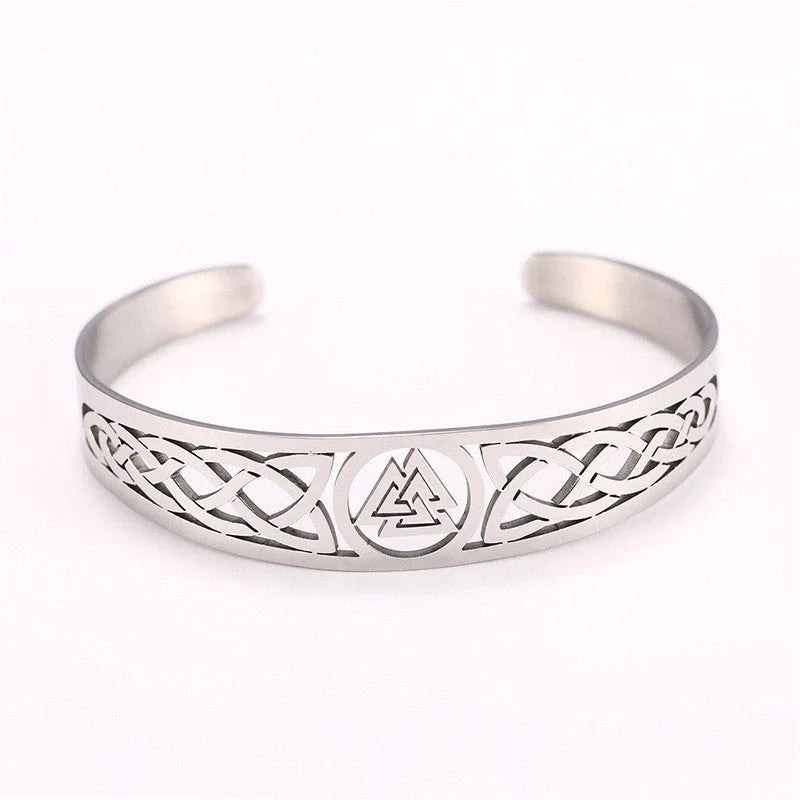 Handcrafted stainless steel Valknut and Celtic design bracelet in silver, black, and gold finishes