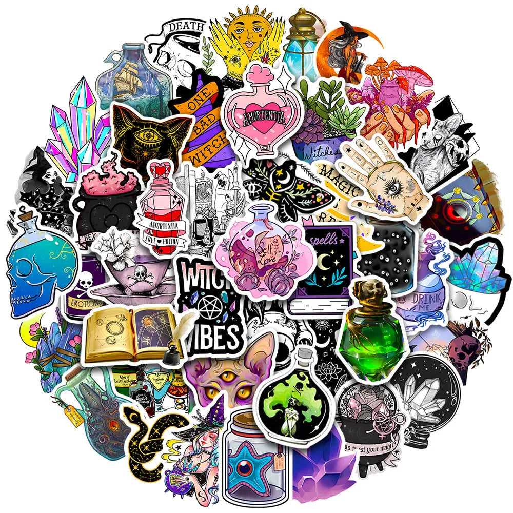 Set of 50 colourful waterproof PVC stickers for luggage and smooth surfaces, sizes 3 to 8 cm.