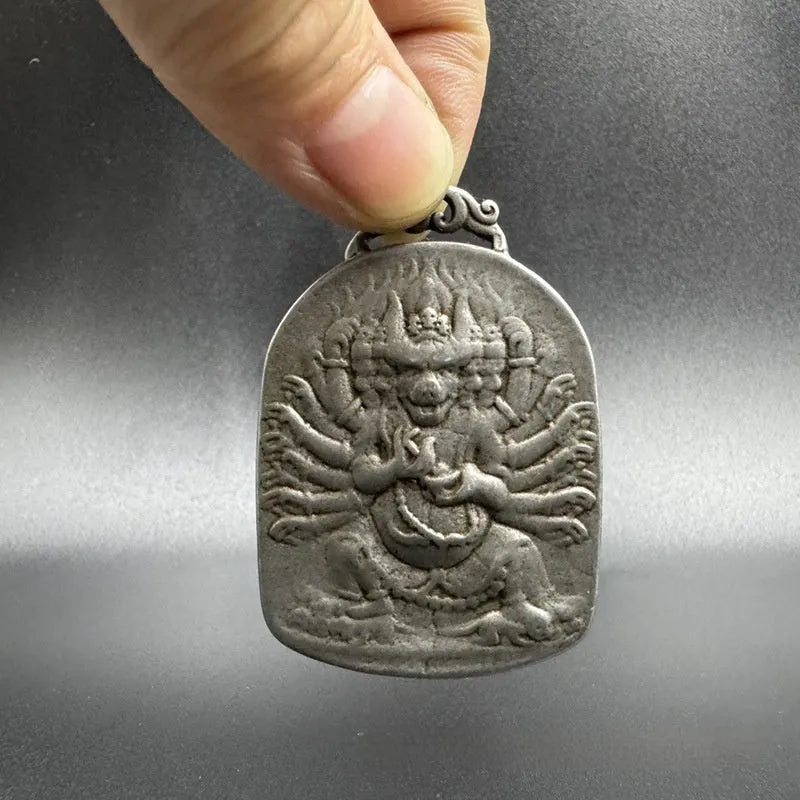 Hand-crafted iron pendant with Chinese geometric design in No 1 Aryaacalanatha Yamantaka colour.