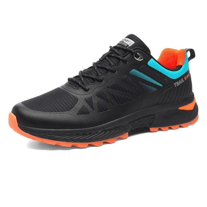 Men's black and grey breathable mesh running shoes with lace-up front and rubber sole.