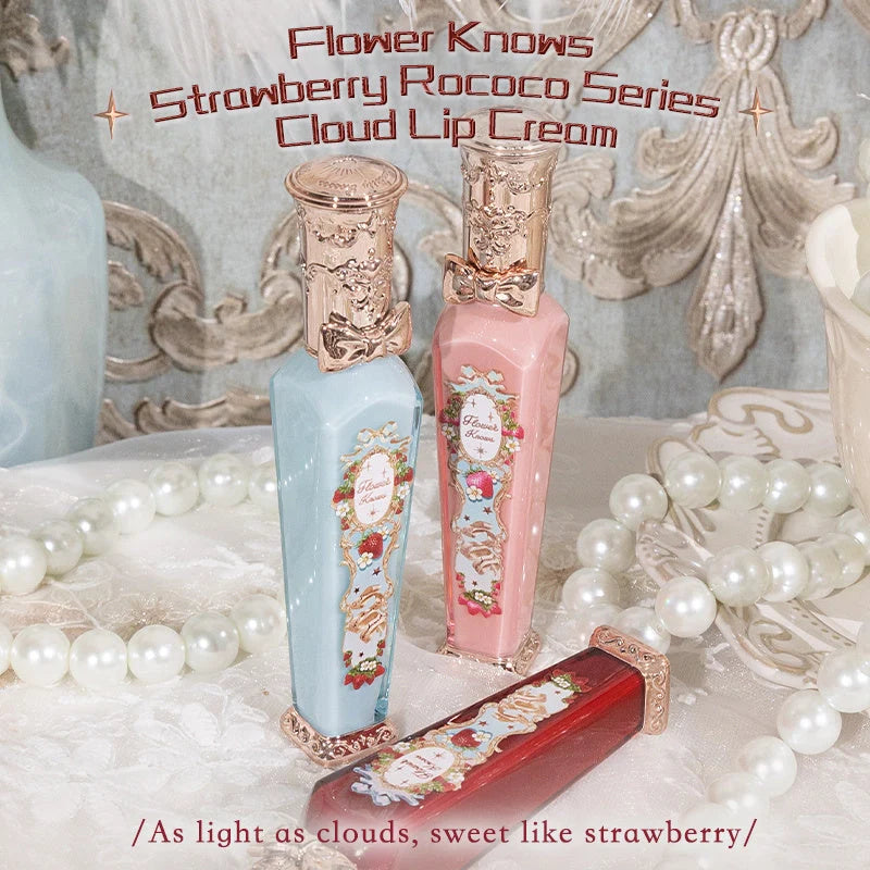 Flower Knows Strawberry Rococo Series Embossed Blush Velvet Matte Lip Glaze in vintage-inspired packaging